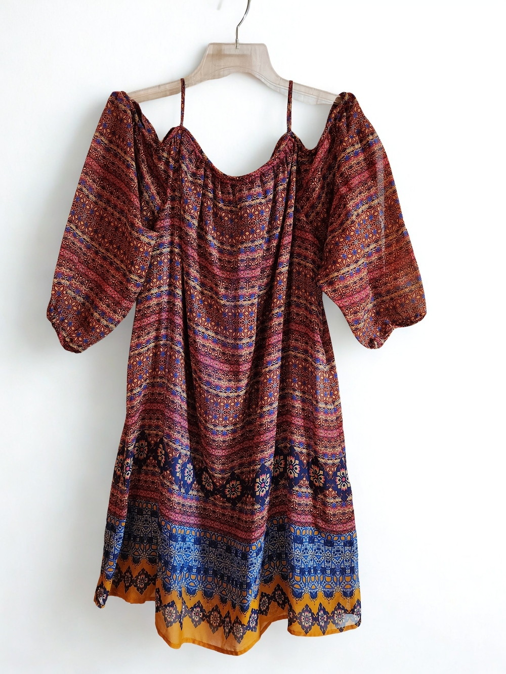 Boho Chic Bohemian Colorful Off-Shoulder Dress with Puff Sleeves